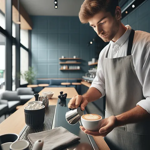 Caucasian barista preparing a cappuccino in modern café